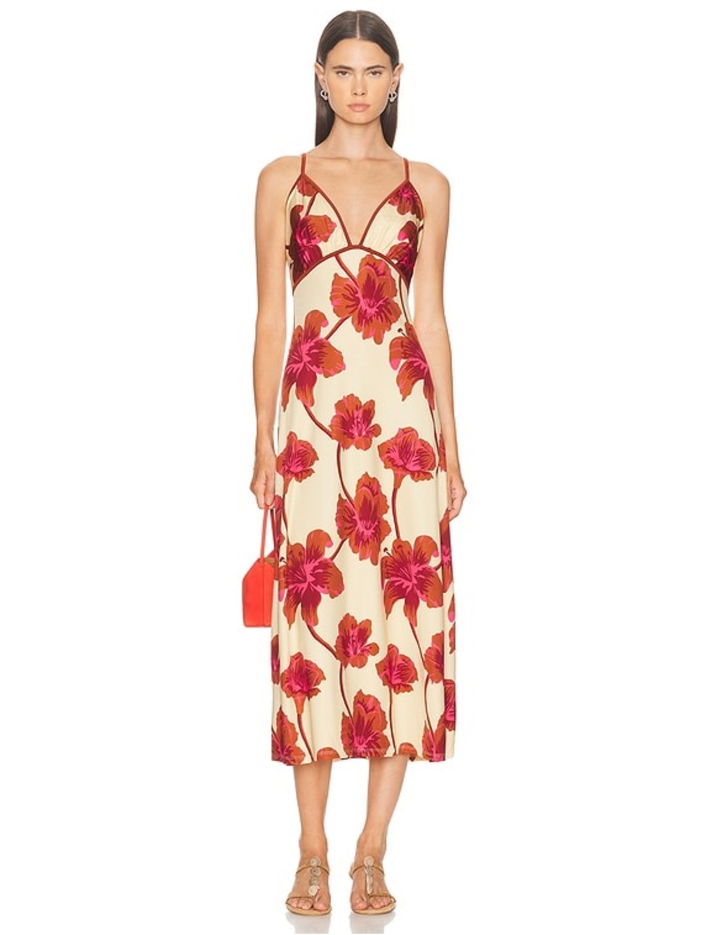 Johanna Ortiz Cream Slip Midi with Pink and Red Floral Print